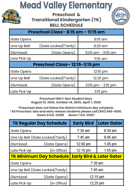 Preschool/TK Schedule ENG